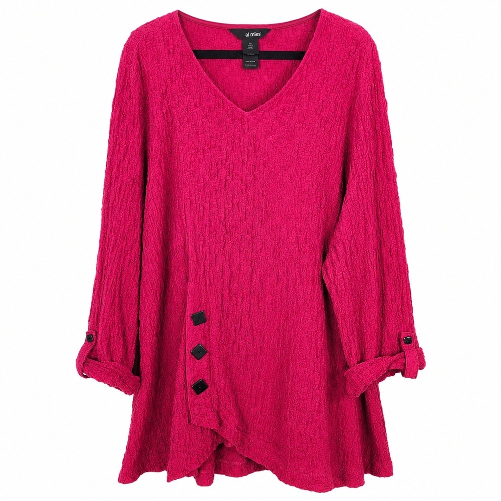 Ali Miles Top Women 3X Pink Crinkle Texture Button Detail Lagenlook Coastal Boho